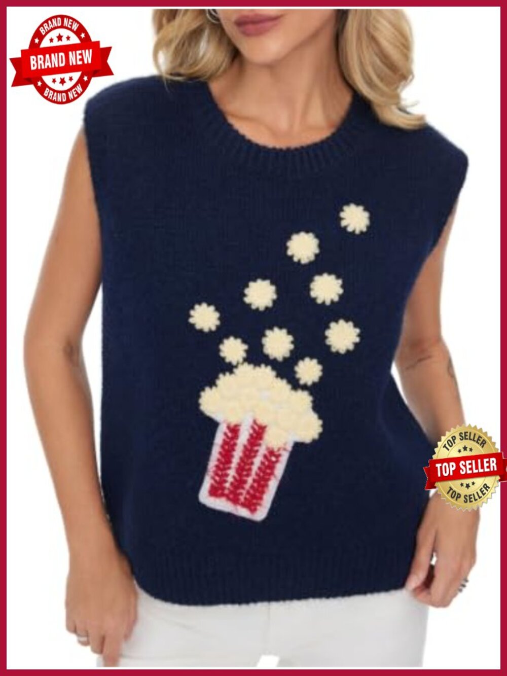Popcorn Knit Sweater Vest Crew Neck Sleeveless Pullover Fuzzy Layering